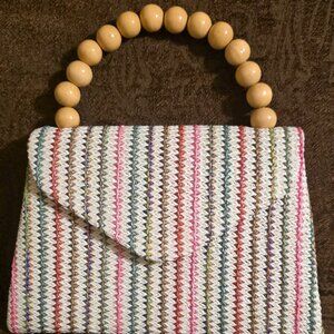 Woven Straw Clutch w/ Wooden Bead Handle & Chain Strap | Multicolor
